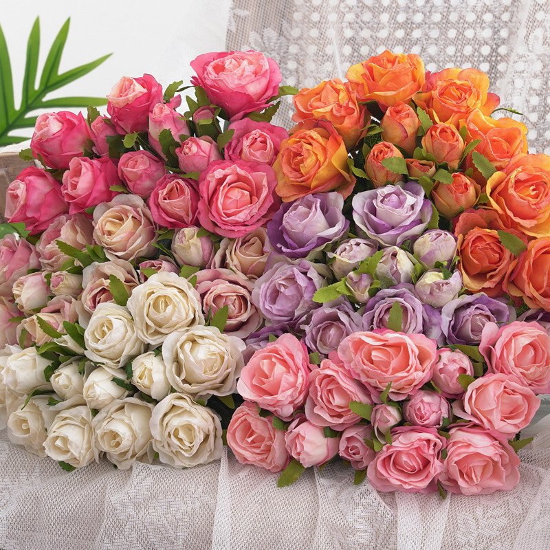仿真花13头焦边保加利亚玫婚庆婚礼配材花束家居装饰摄影道具
