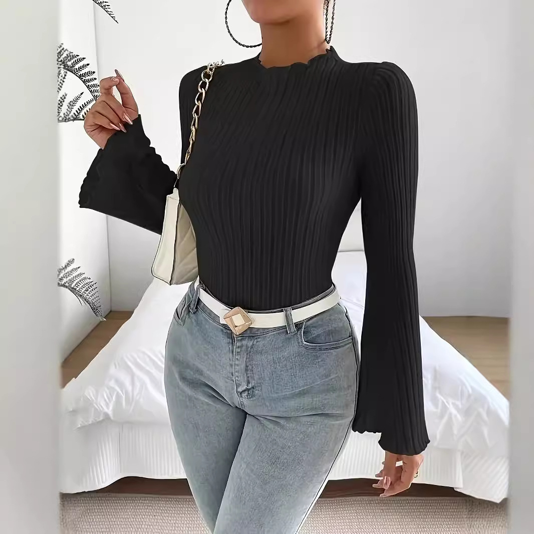 Ribbed high-neck T-shirt, elegant long-sleeved top for spring and autumn Specification drawing