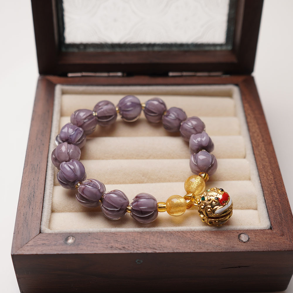 Mu Shan Purple Glass Lily Flower Bracelet, Gold Swallowing Beast Copper Lion and Dragon Bell Bracelet, Female collectible, Best friend and Sister jewelry details Picture