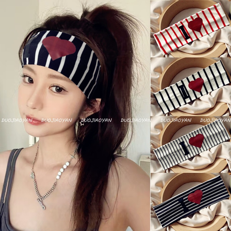 New fashionable heart-shaped striped hair band, retro spice girl InS-style high skull top hair accessory, wide-edge elastic sports headscarf