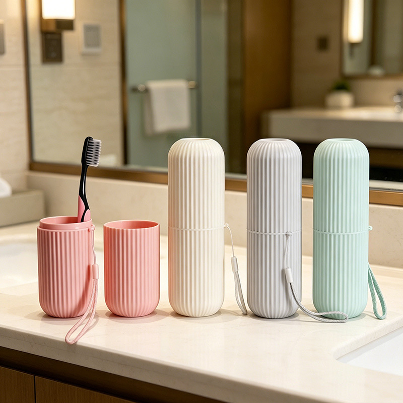 Vertical striped portable toiletry cup, travel toothbrush case, brushing cup, dental tool box, toothache cylinder, toothpaste storage cylinder Specification image