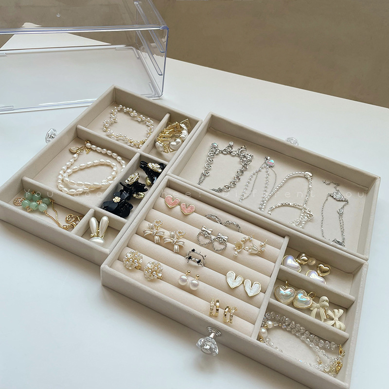 Transparent jewelry box, acrylic velvet three-layer drawer, jewelry box, earrings, necklace, anti-oxidation jewelry storage box Specification image