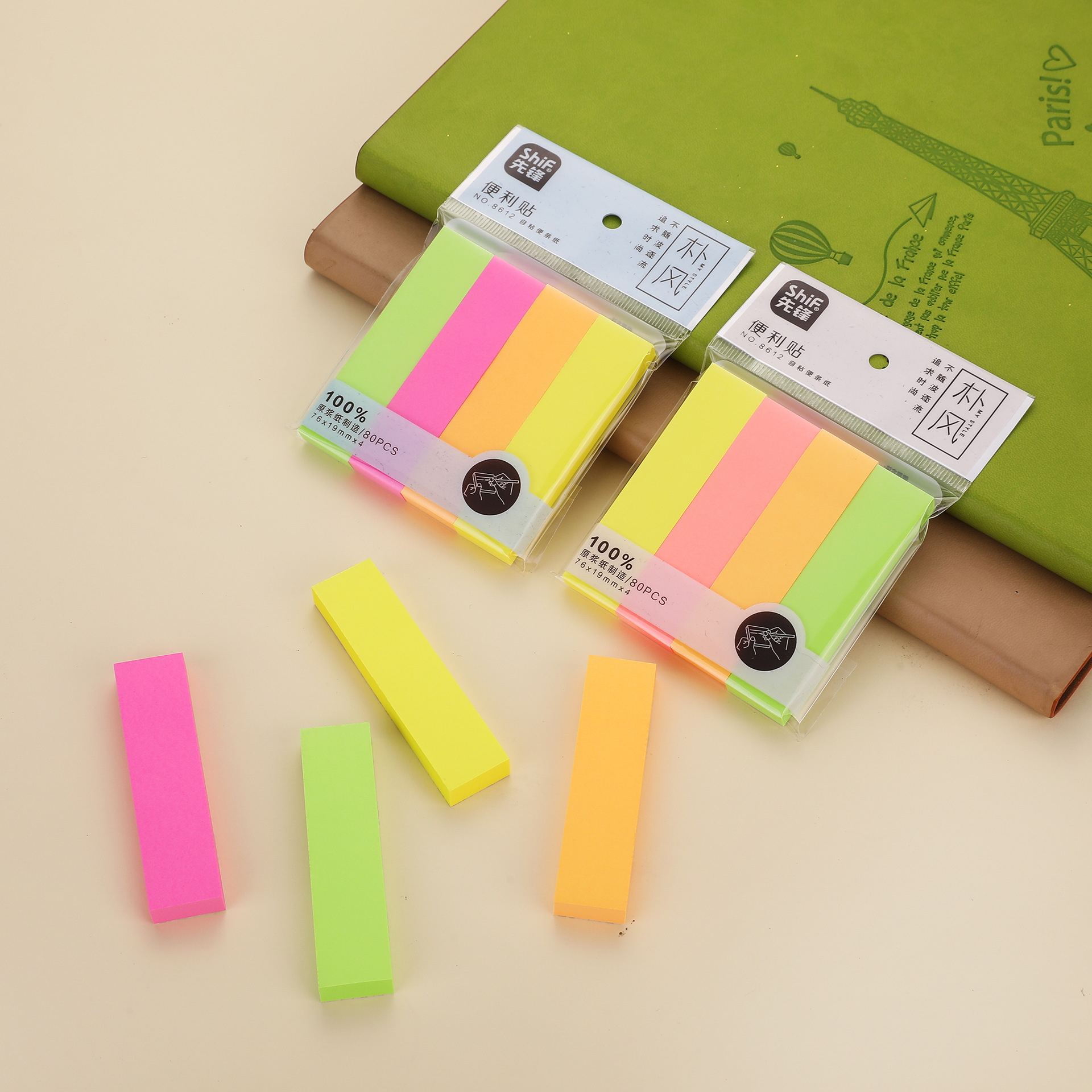Pioneer 8612 fluorescent 4-strip convenience discount goods wholesale, tearable student office stationery sticky notes, can be stuck N times details Picture