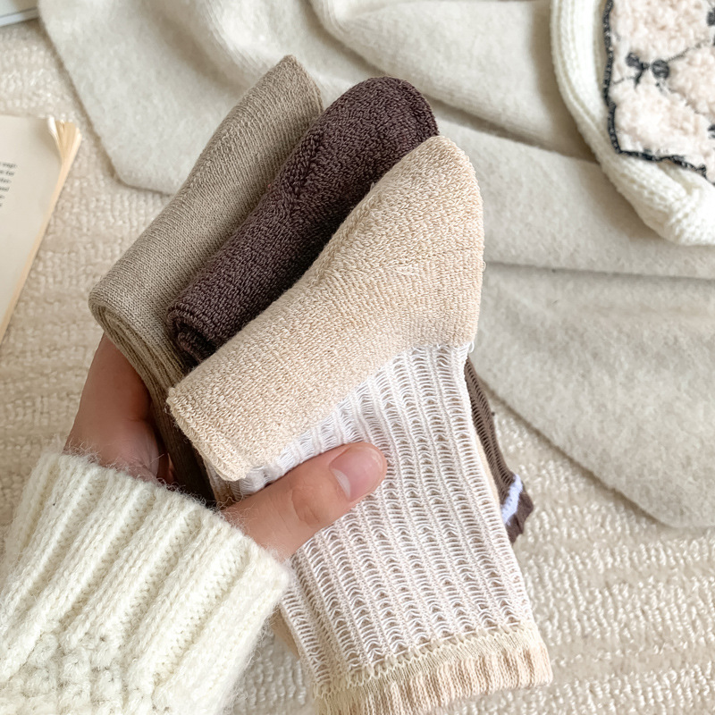 Women's thick and warm solid color mid-calf socks for autumn and winter, men's sports towel socks, couple's loop long socks wholesale Specification image