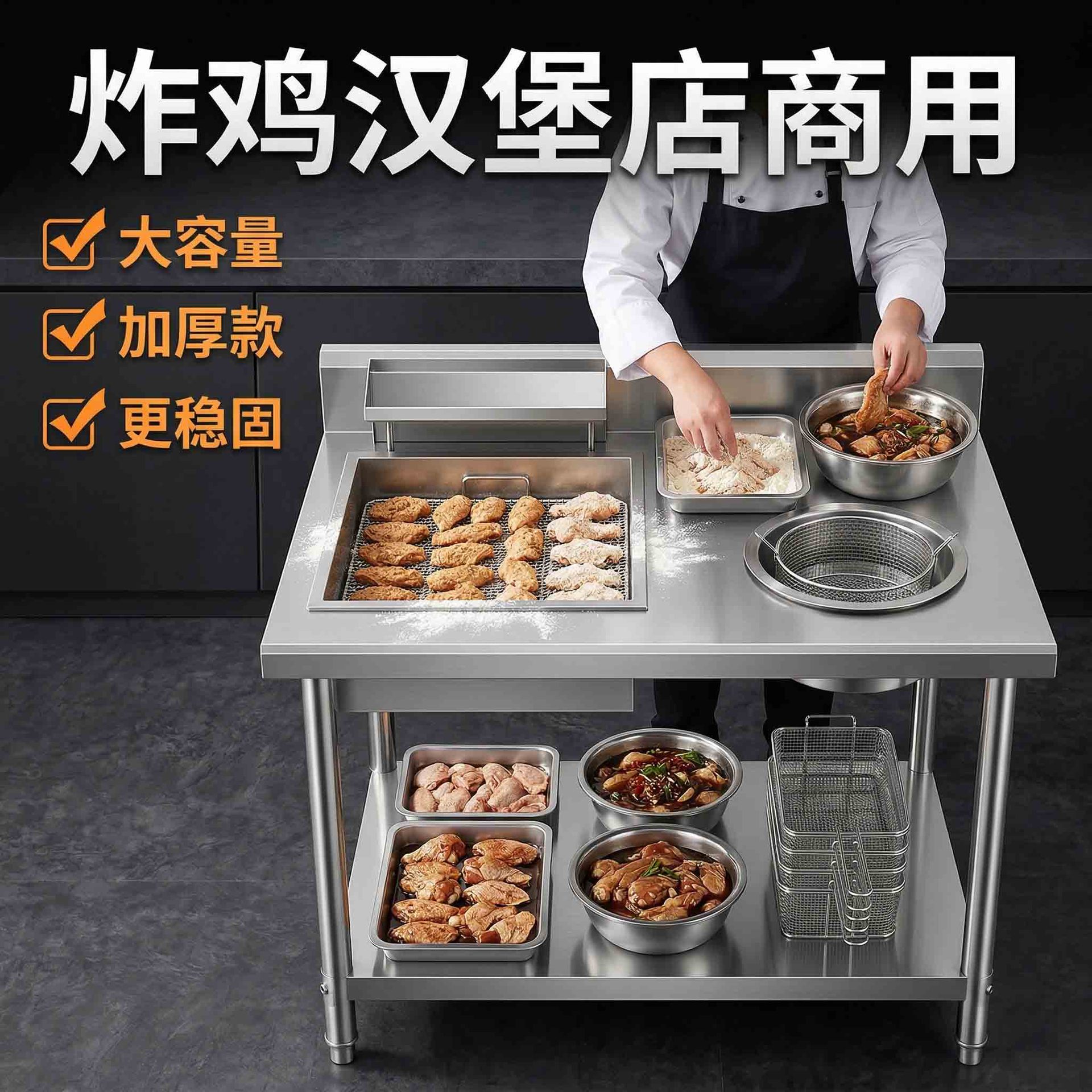 商用裹粉台带抖蓝沥水设计不锈钢手动打粉工作台西餐快餐厨房设备