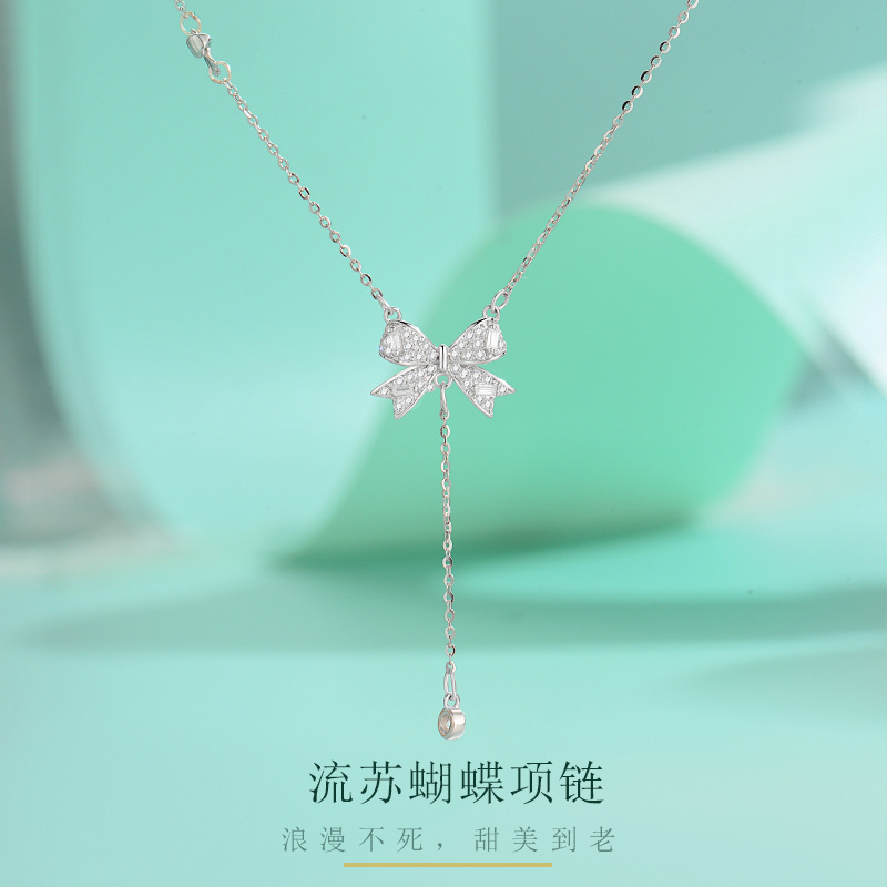 925 silver necklace, women's niche national trend, full diamond tassels, elegant and individual, bow pendant, collarbone chain accessory wholesale full figure
