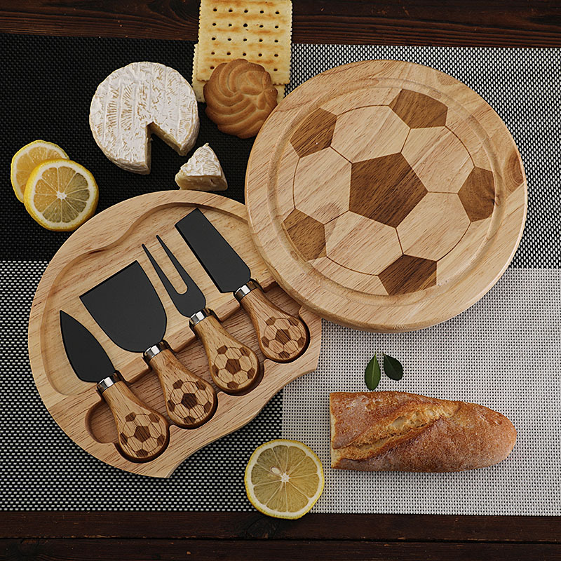 In-stock 2026 World Cup football Cheese Knife, round rubber wooden box cheese knife, fork and spatula set of 4 pieces Specification image