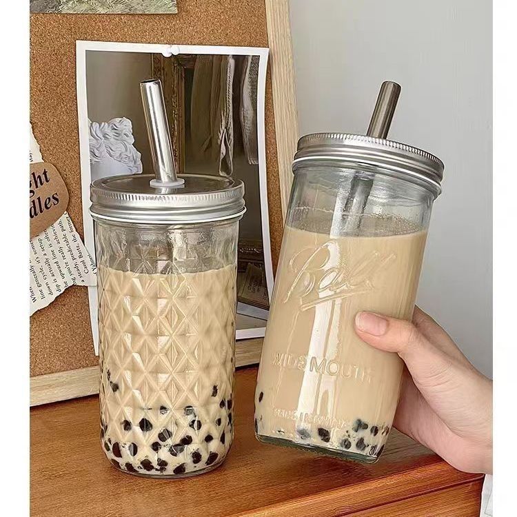 2025 High Appearance level Bubble milk Tea Glass Cup Mason Cup Straw Large Capacity Homemade Cold Drink Cup