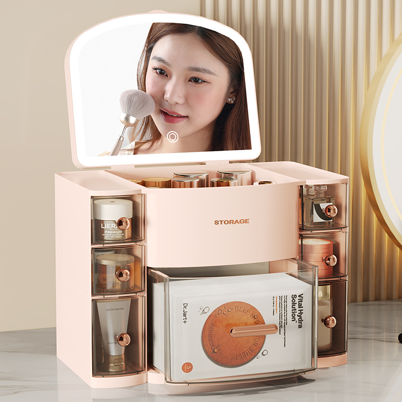 Cosmetics storage box with mirror, home dust-proof desktop, dressing table, multi-functional lipstick, eyebrow pencil, skin care products storage Application Scenario