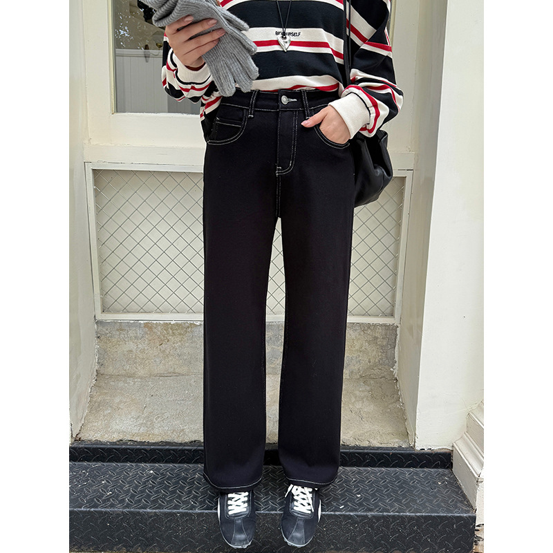 云长 窄版显瘦牛仔裤女冬季新款加厚直筒高腰休闲长裤子现货K0170