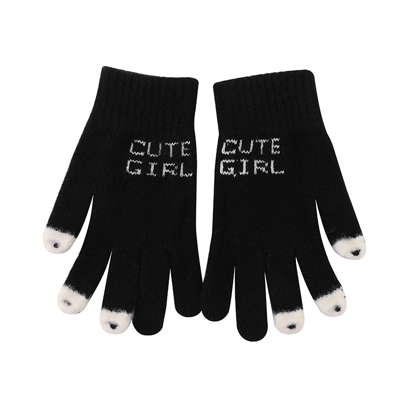 触屏保暖手套针织豆豆鱼全指漏指防寒保暖写字手套女冬季骑行手套白底实物图