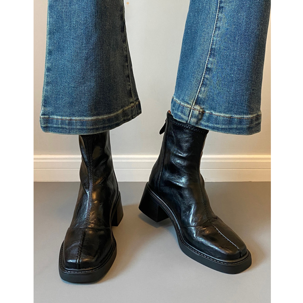 Leather square toe back zipper Dr. Martens boots for women 2025 new Spring and autumn retro commuting chunk-heeled skinny boots high-heeled short boots Specification image