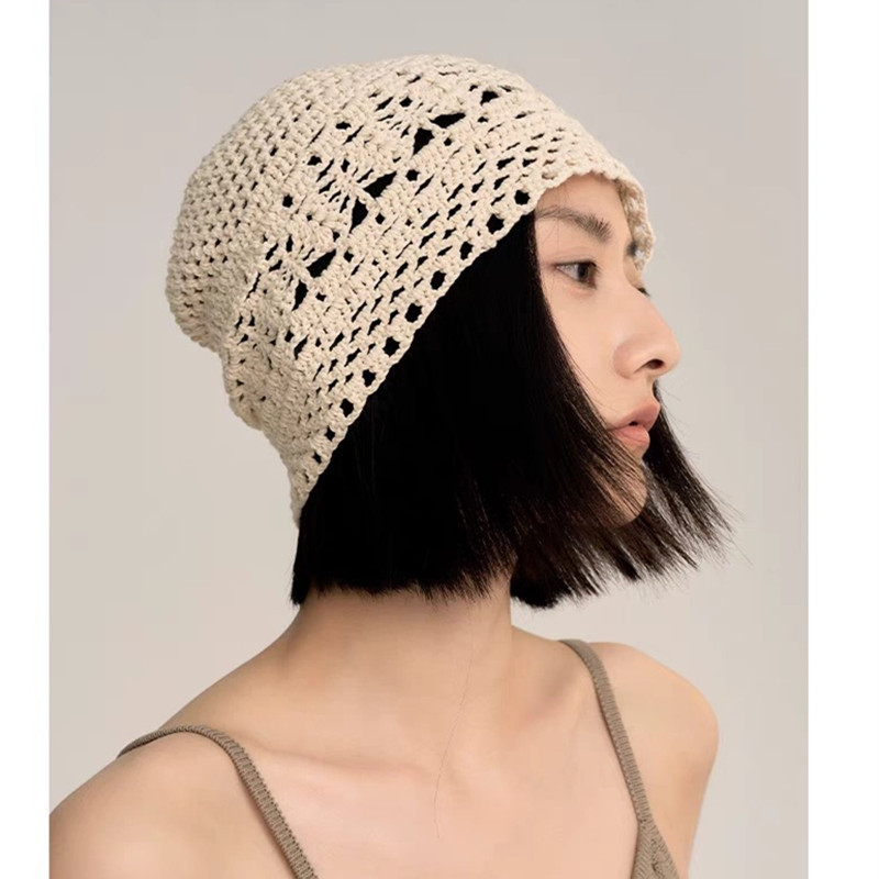 Pure hand-woven headband hat for women, spring and summer thin, breathable and hollowed-out knitted hat, lace artistic pullover, pile hat Specification image