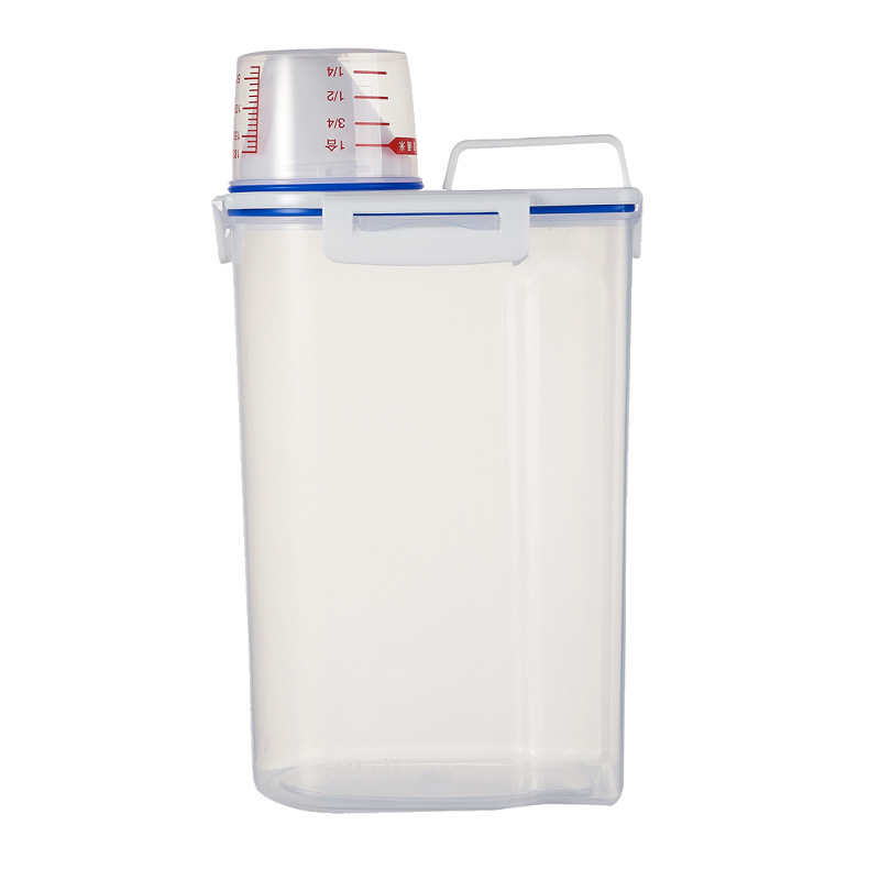 Factory direct sales of portable rice buckets with measuring cups, transparent anti-insect and moisture-proof kitchen storage jars, and sealed jars for grains and cereals Item Picture
