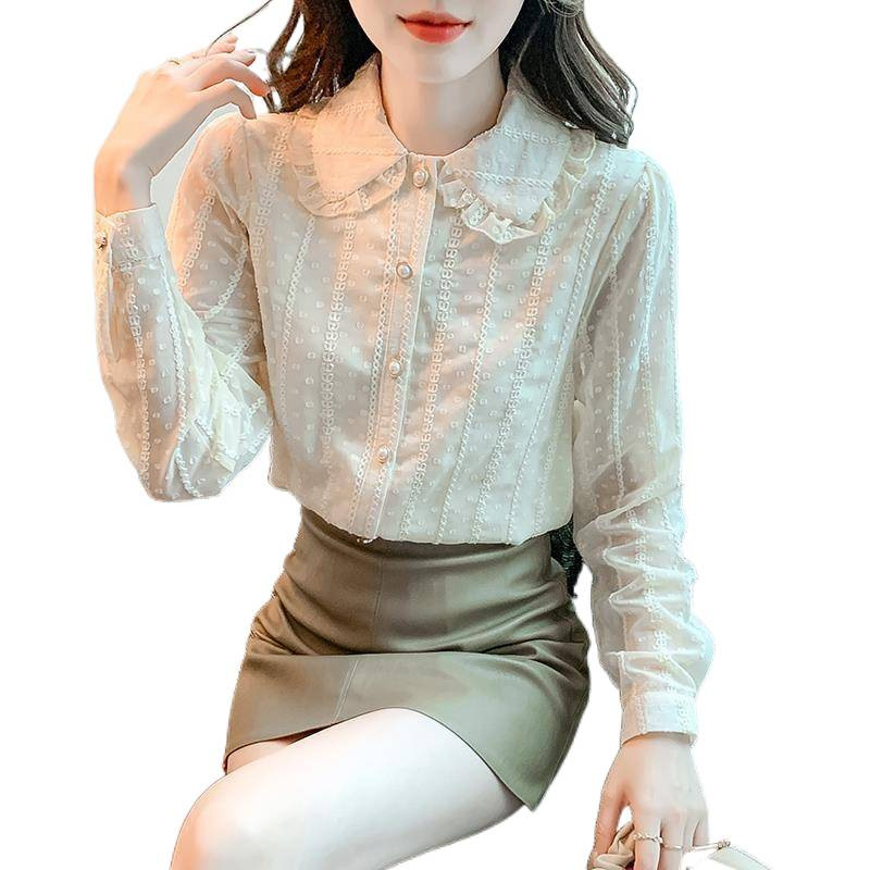 洋气蕾丝雪纺衫女长袖2025秋冬新款加绒加厚打底衫木耳边翻领衬衫白底实物图