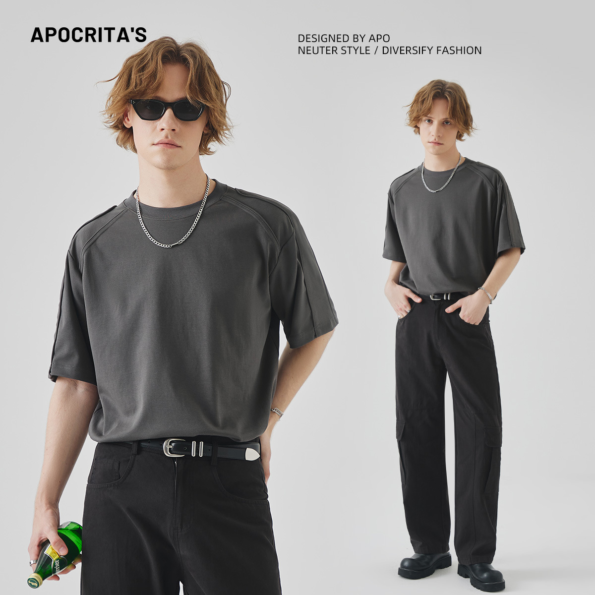 APO men's Wear: Solid-color off-the-shoulder short-sleeved T-shirts, a high-end, loose, round-neck innerwear and base layer details Picture