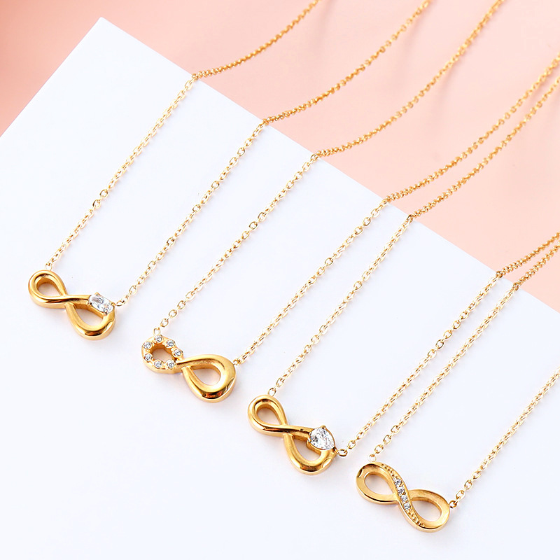 Stainless steel light luxury micro-inlaid zircon lucky number pendant necklace, personalized and fashionable infinite cycle gold-plated necklace