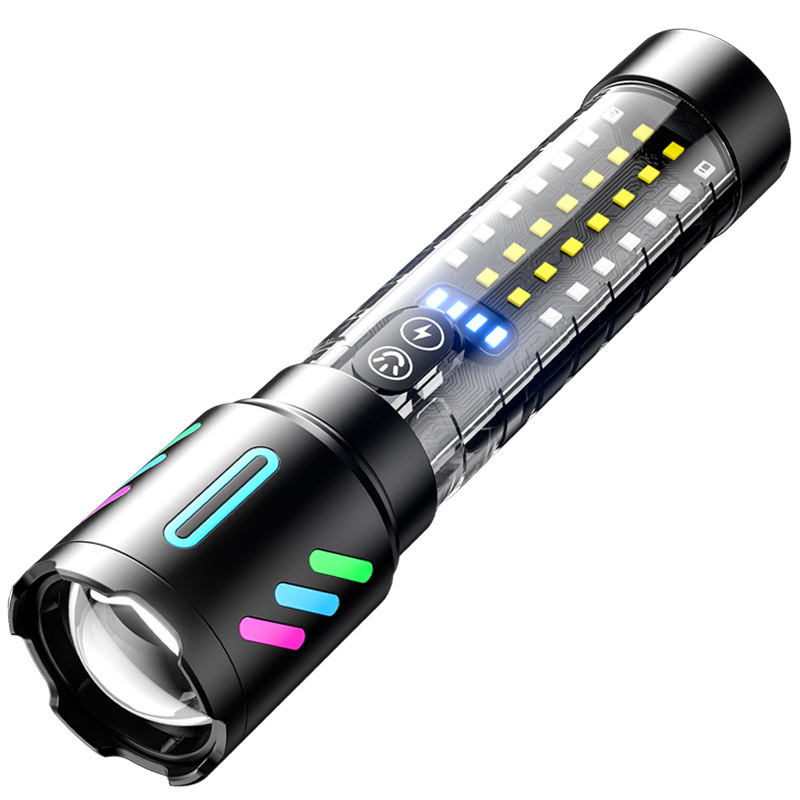 A new cross-border white laser long-range rechargeable flashlight with built-in battery, featuring a fluorescent strip and red and blue flashing outdoor flashlight