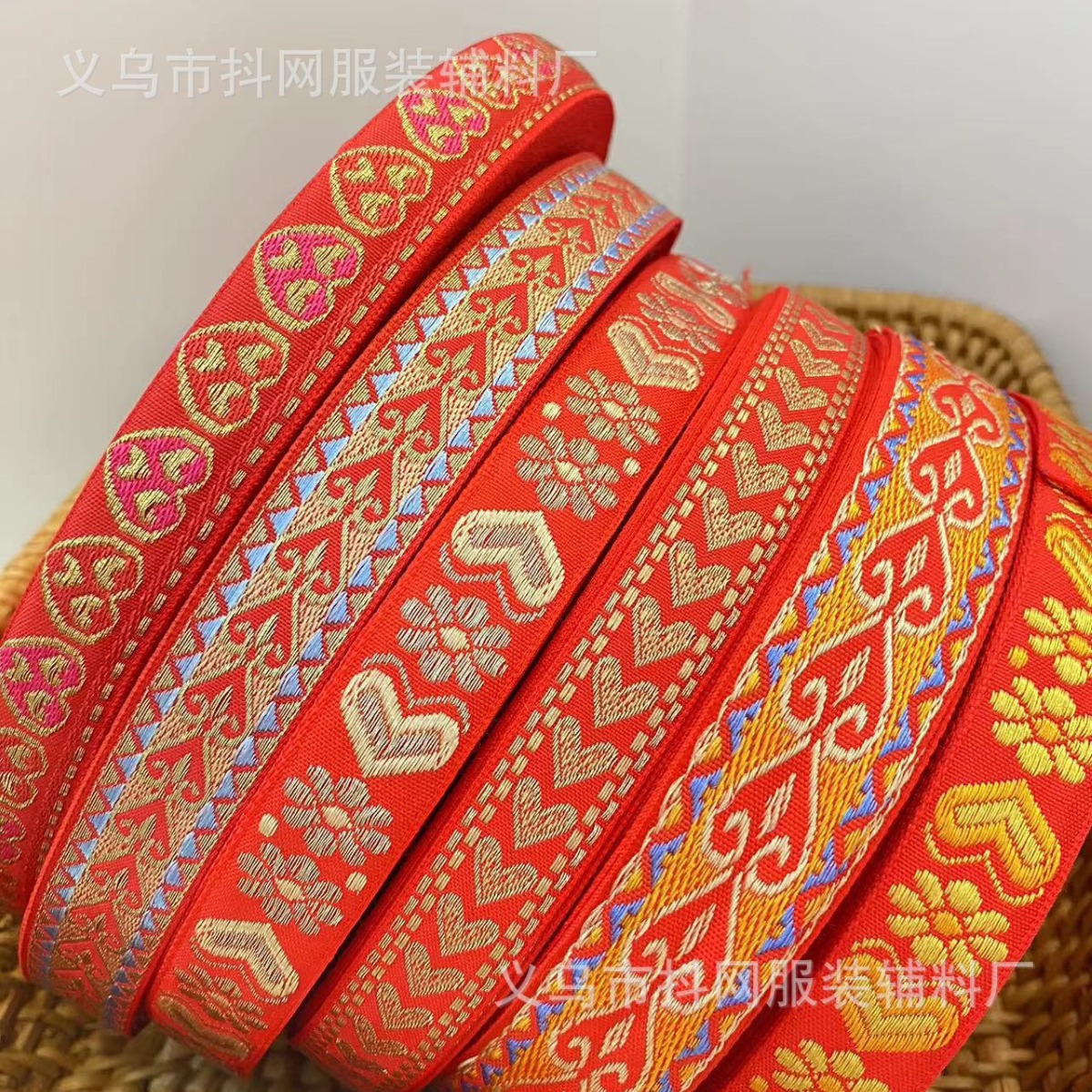 1.7- 2.5cm, bright red, festive, ethnic-style jacquard embroidery, webbing, hair accessories, headwear, performance costume accessories, lace details Picture