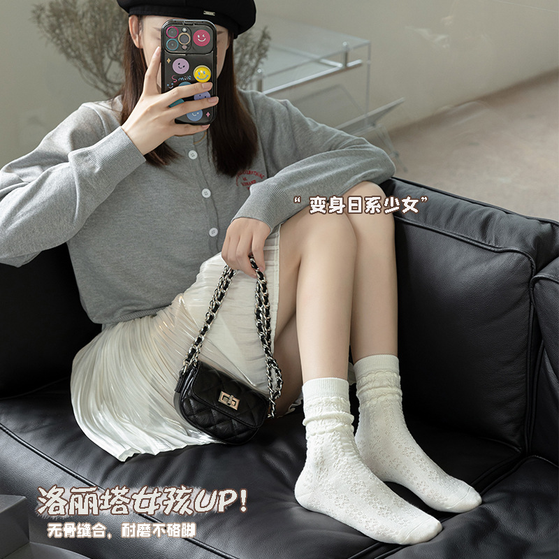 White socks for girls, Lolita mid-calf socks, cotton autumn and winter thin style, school style, Japanese JK, Korean style, pile socks Specification image