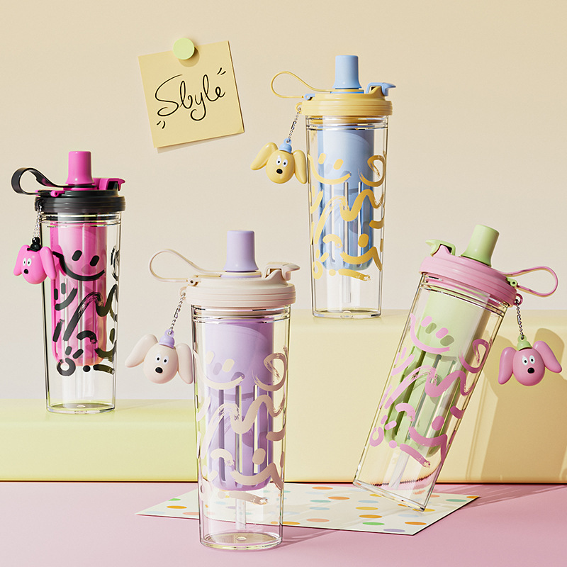 Summer new high appearance level plastic cup, simple and portable large-capacity double drinking cup for girls, high-temperature resistant straw cup