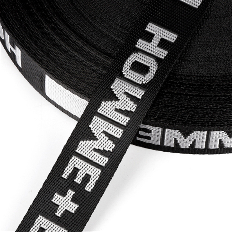 Black woven tape with text patterns, ribbed tape, ribbon woven tape, gradient scallion pink gauze tape details Picture