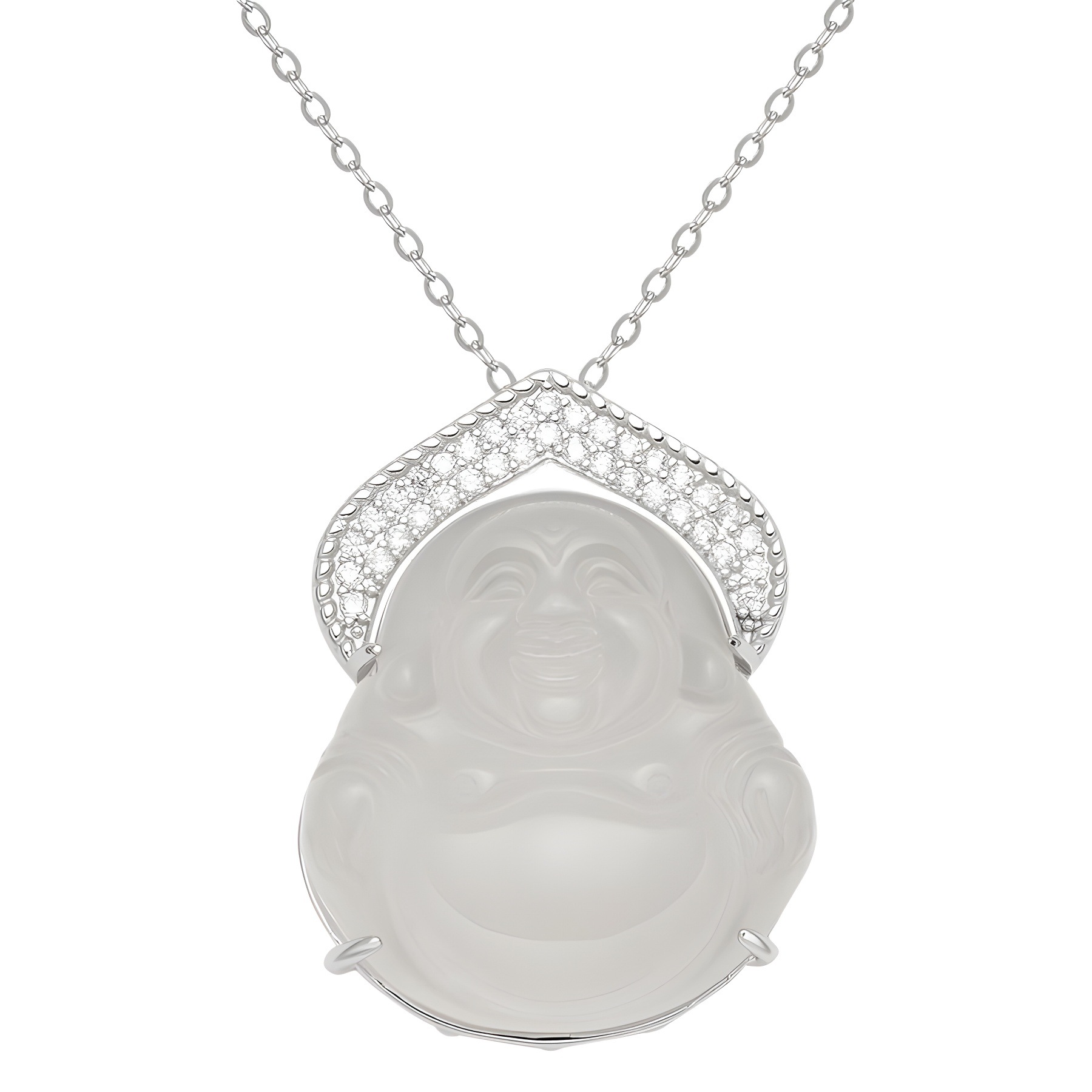 S925 Silver Buddha God Gold Medal Necklace with diamond-encrusted white ice chalcedard, large-bellied Buddha Necklace, Maitreya Buddha Pendant, New Chinese-style jewelry for women Item Picture