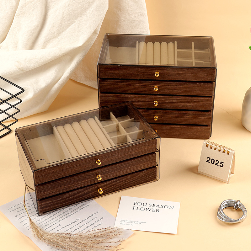Walnut wood storage box, wood grain jewelry box, earrings, rings, necklaces, bracelets, desktop large-capacity multi-layer wooden storage box details Picture