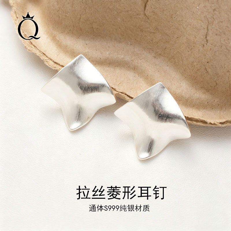 S999纯银拉丝菱形耳钉女欧美简约轻奢高级感耳钉小众设计耳饰潮