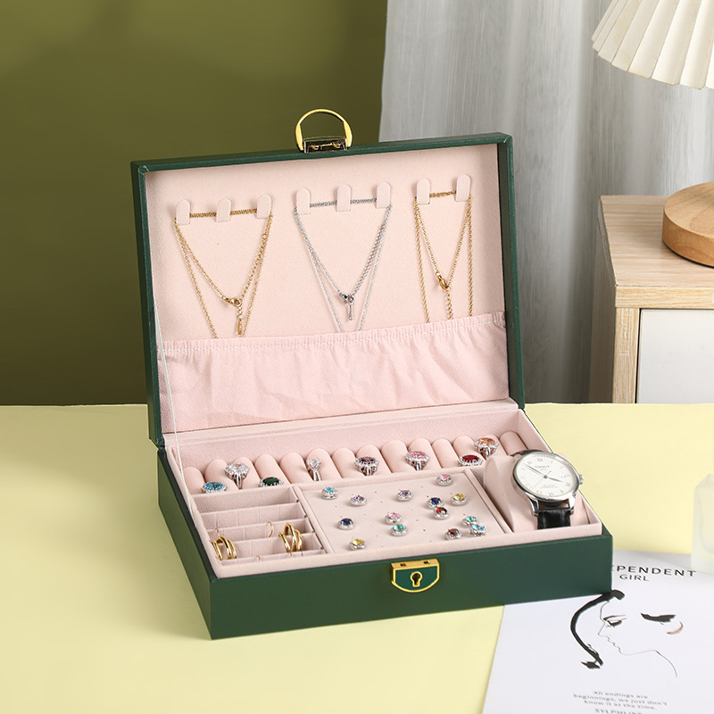 Chenyang Jewelry Box, diamond-shaped leather single and double layer retro storage stud necklace, ring bracelet and jewelry box details Picture