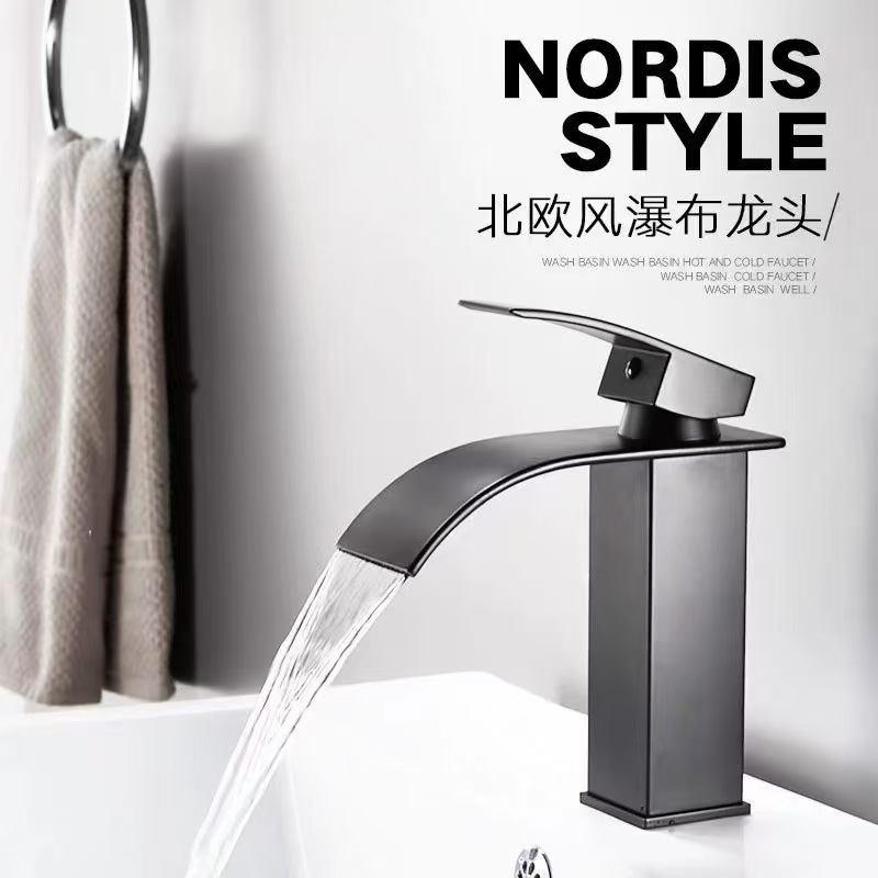 Cross-border waterfall European-style washbasin, wide-mouth faucet, black hot and cold, bathroom washbasin, upper basin, bathroom home Specification image