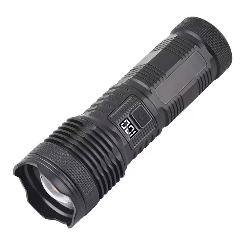 Cross-border outdoor high-intensity flashlight, ultra-bright charging, long battery life, large capacity lithium battery, digital display, zoom, white laser flashlight Item Picture