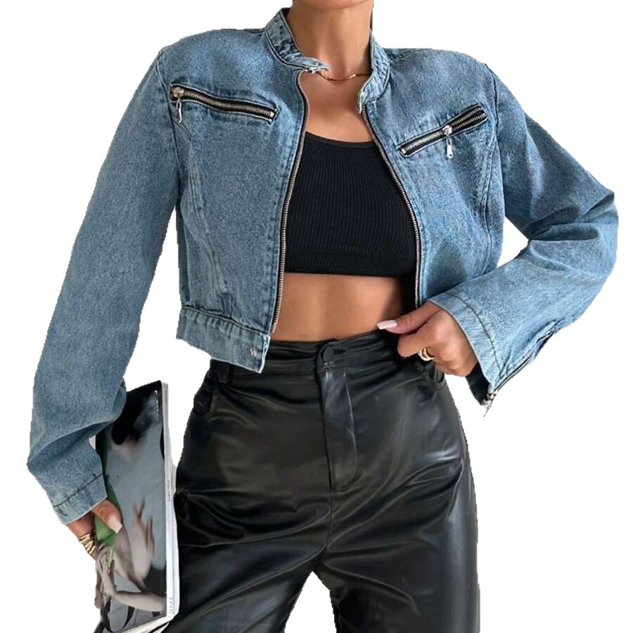 Cross-border European and American fashion design sense denim jacket for women, short denim jacket with zipper Item Picture