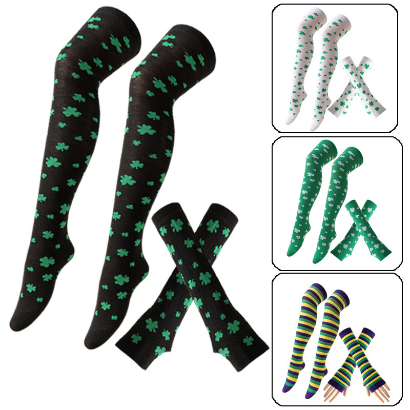 爱尔兰节绿色长筒袜派对三叶草过膝袜圣帕里克节幸运草条纹长筒袜产品图