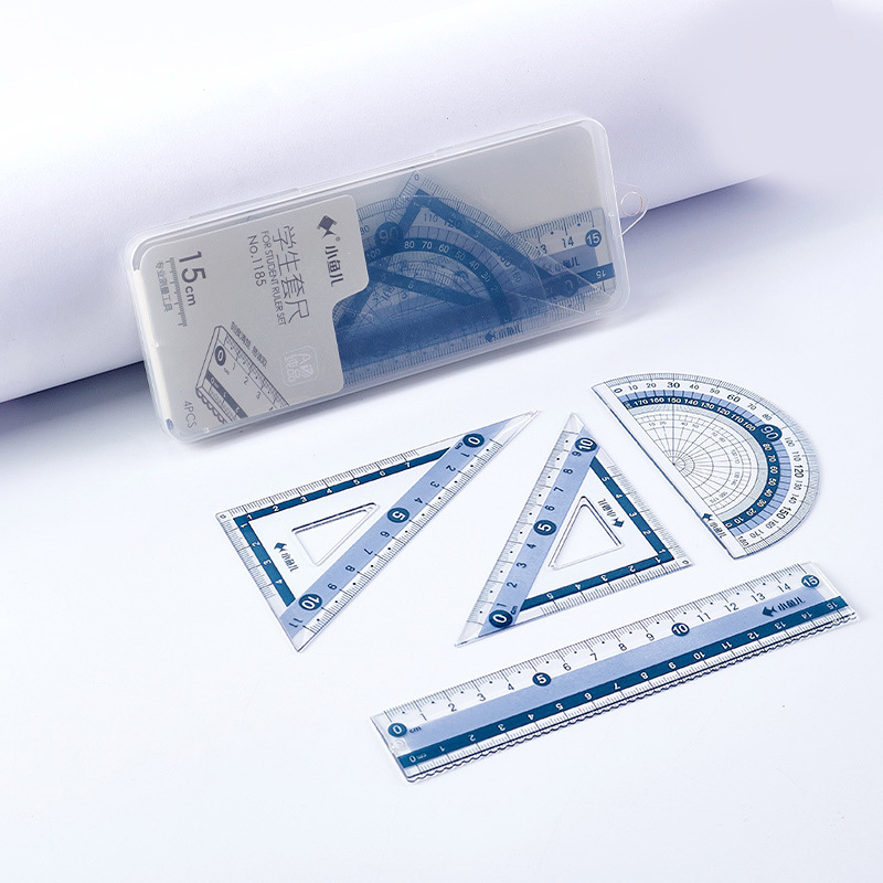 Xiaoyu 'er student Ruler Four-piece set, set of triangular ruler with wavy lines, double-sided scale, straight ruler and protractor, transparent Item Picture