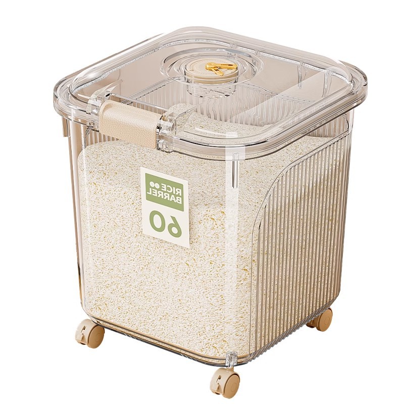 Household plastic rice bucket with lid, sealed, moisture-proof and insect-proof rice storage box, extra-large capacity thickened flour storage bucket Item Picture