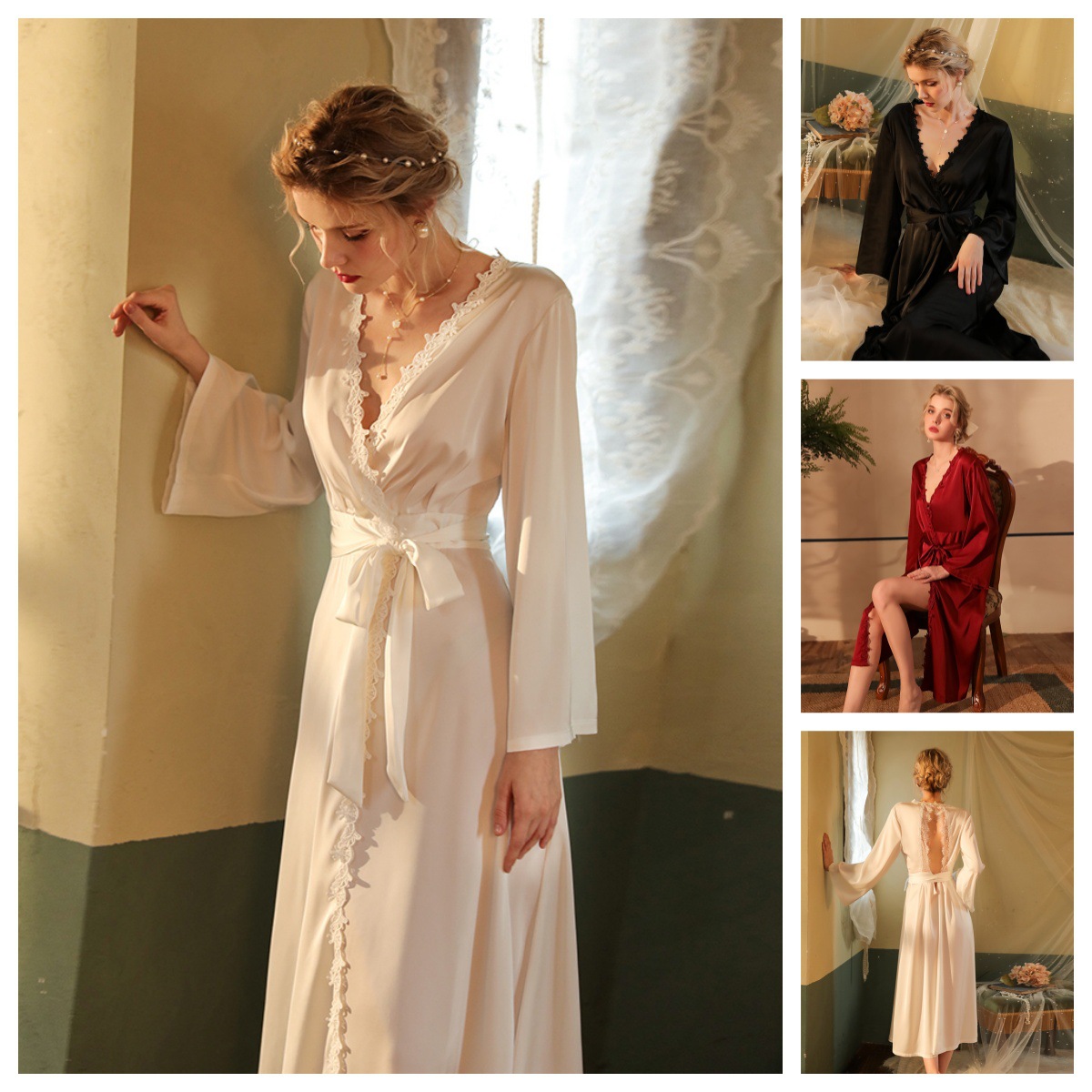 High-end sexy bathrobes, long backless bathrobes, pajamas, long-sleeved women's satin home wear wholesale 369 light luxury