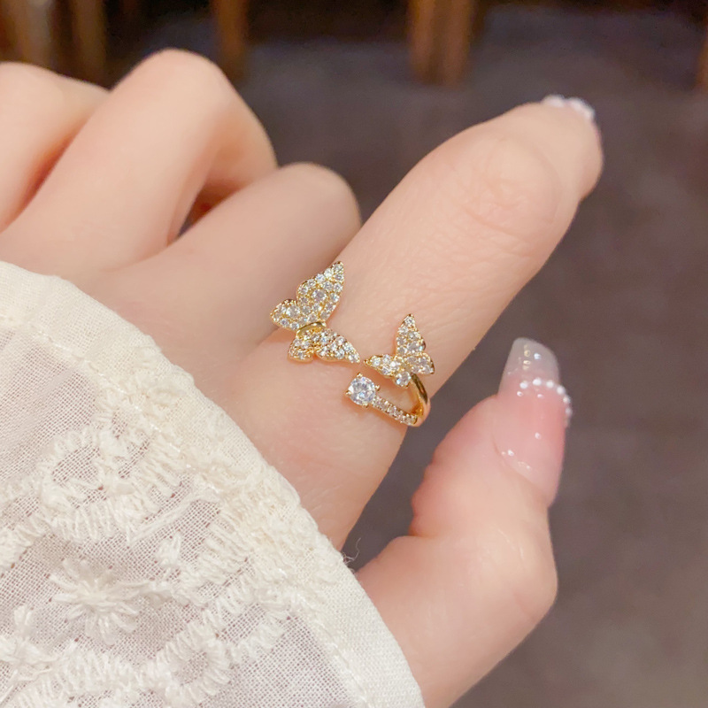 French-style, exquisite, fashionable, versatile, super shiny, full diamond butterfly open-mouth ring, small and simple design sense ring wholesale Specification image