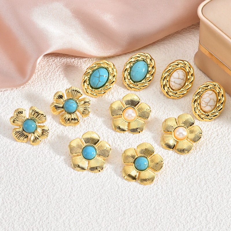 欧美跨境复古花朵耳钉女 ins小众高级爆款绿松石耳环个性气质耳饰