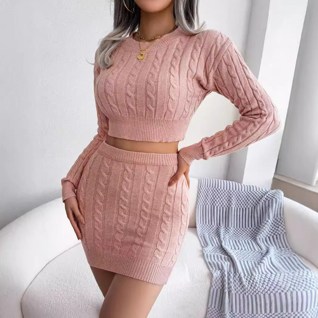 Autumn/Winter 2025 European and American casual twisted crop crop sweater, hip-hugging skirt, knitted set, Amazon cross-border women's clothing details Picture