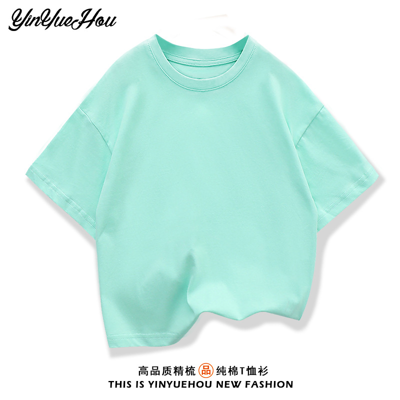 Wholesale of children's off-the-shoulder short-sleeved T-shirts for summer 2026, pure cotton round-neck loose base layer, student sportswear Specification image