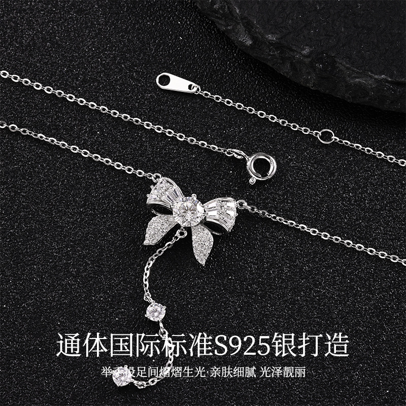 Sterling silver necklace, tassel bow necklace, accessory, high-end and elegant, ins style sweater chain, new accessory necklace details Picture