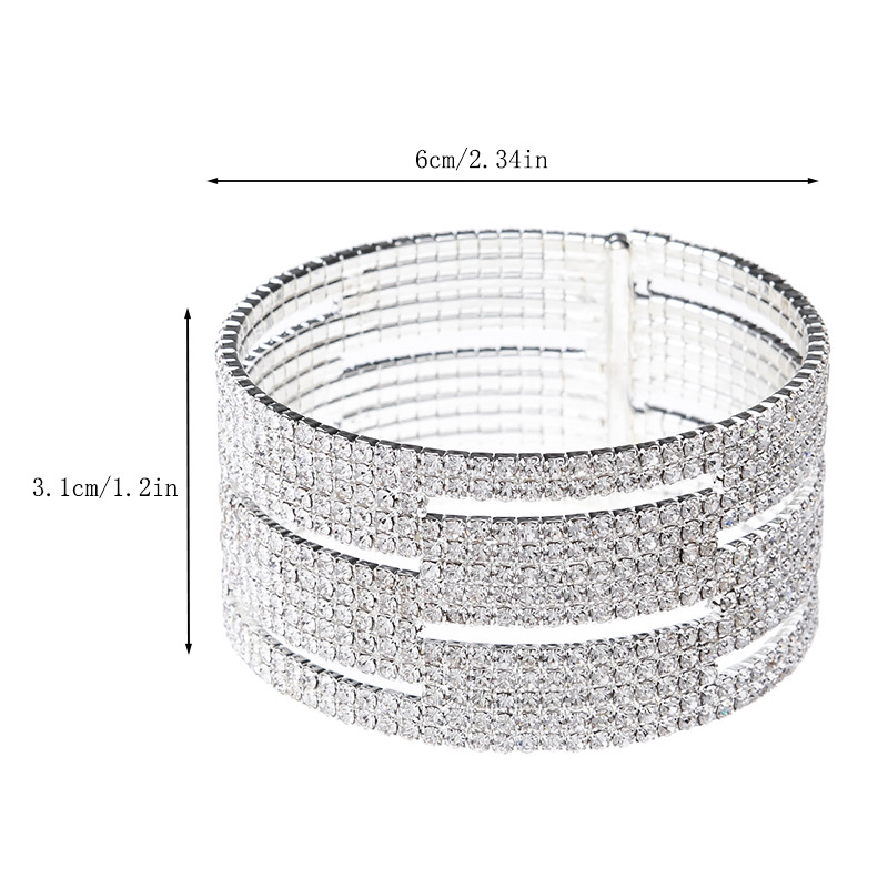 Wholesale supply of exaggerated and thick multi-layer rhinestone hollowed-out bracelets from Europe and America for banquets, balls and parties, as well as shiny and elastic diamond-encrusted jewelry Specification image