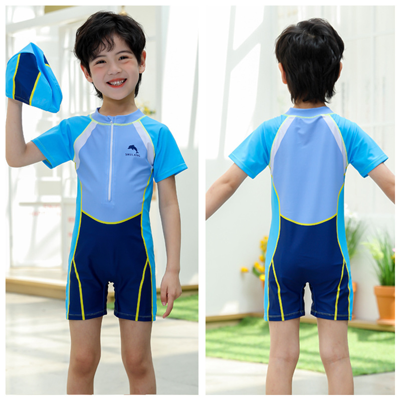 Summer boys' swimsuits, one-piece color matching, quick-drying, medium and large children's swimming swimsuits, little children's baby swimsuits, hot spring children's Korean version details Picture