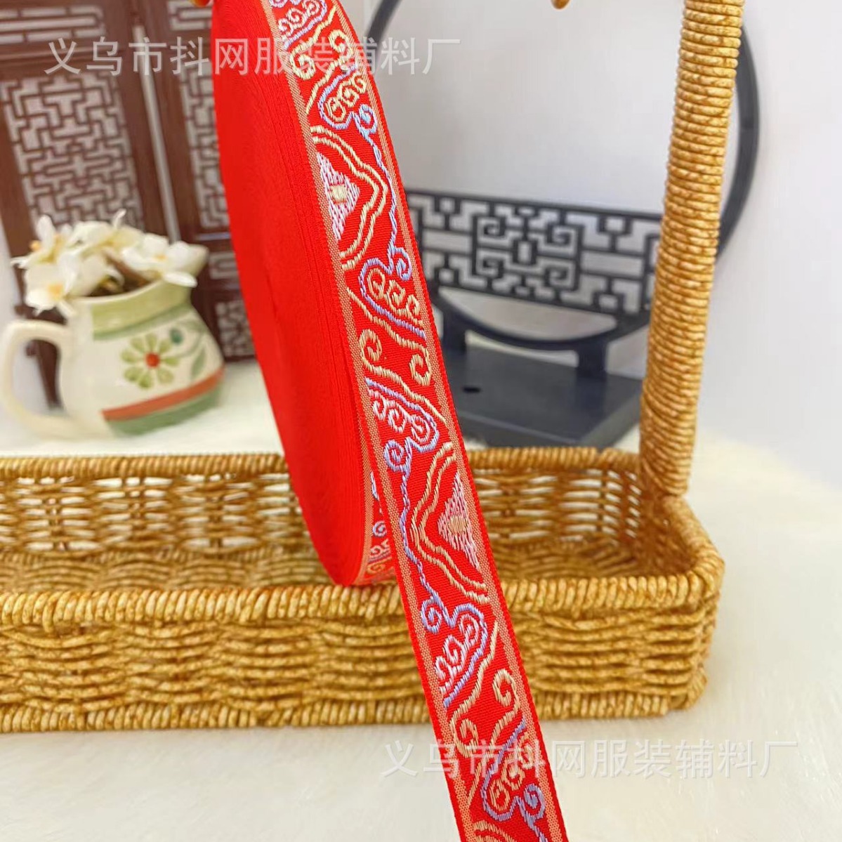 2.0- 2.5cm, bright red, festive, ethnic-style jacquard embroidery, webbing, wedding dress, hair accessories, headwear, performance costume accessories Application Scenario