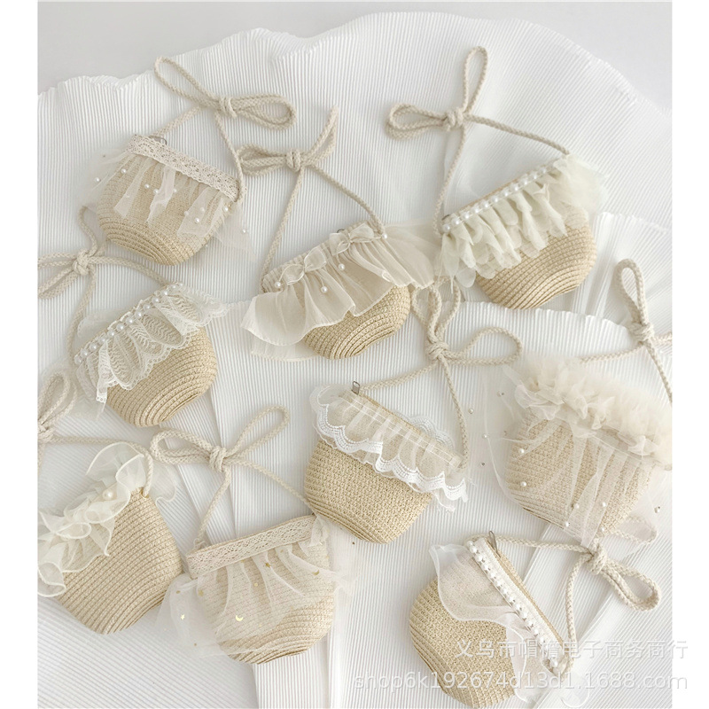 Cross-Border Straw Weaving Bag, Pearl Straw Weaving Mini Crossbody Small Square Bag, Girls' Summer Stylish Outfit, Sweet Lace Princess Bag, Handbag, Hand-Held Bag, Handcrafted Straw Weaving Bag