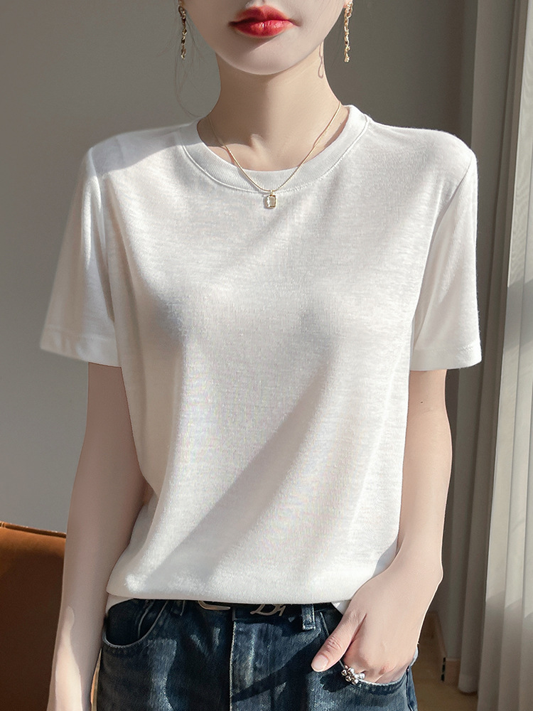 Tencel Lyocell short-sleeved T-shirt for women, round-neck solid color casual and elegant top, half-sleeved base, factory wholesale women's clothing