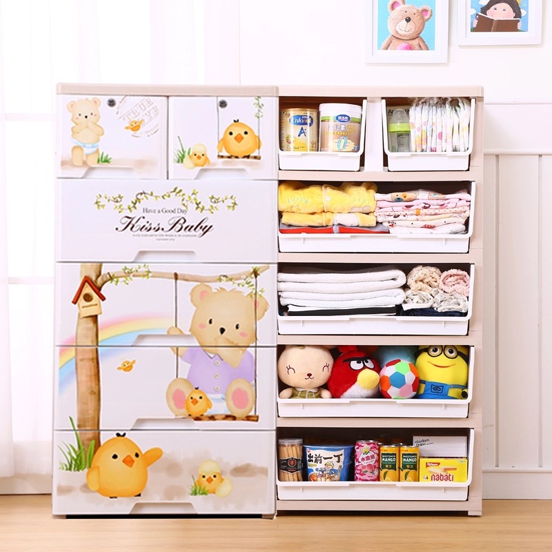 58-sided wide printed thickened cartoon drawer-type storage cabinet, plastic baby and children's wardrobe, chest of drawers, organizing wardrobe details Picture