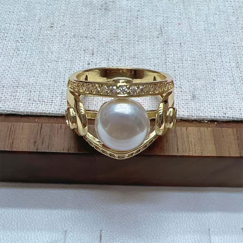 Korean high-end pearl ring, light luxury and niche design, geometric diamond-encrusted round bead, cold style open ring for women Specification image