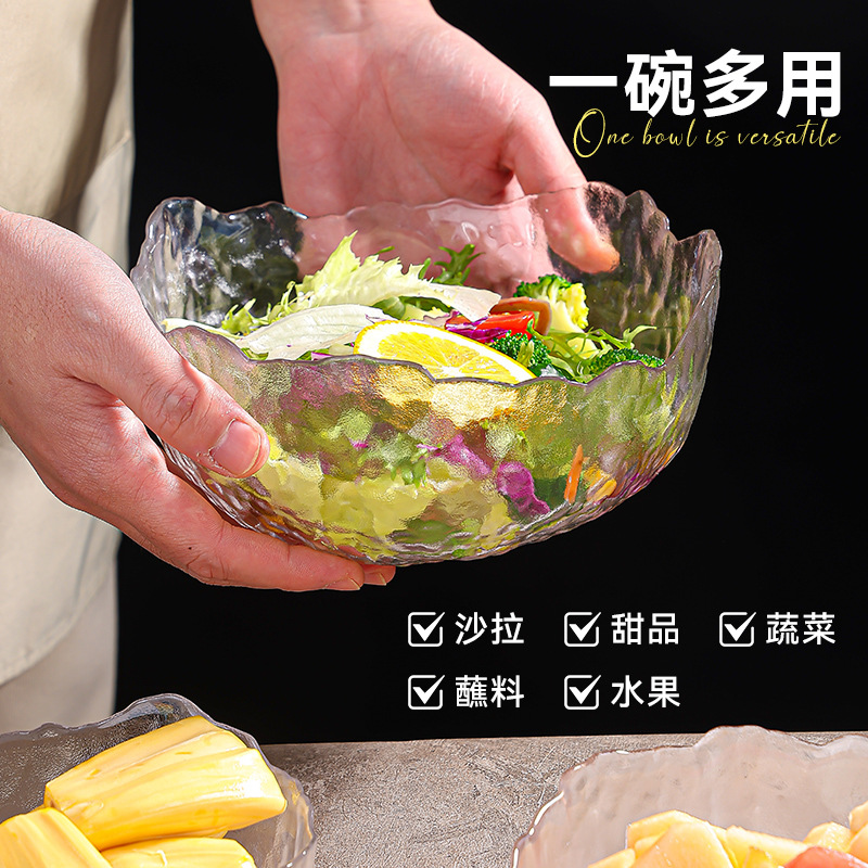 Glass fruit plate, large household salad bowl decoration, snack arrangement, hammer-patterned transparent creative Japanese dessert plate Specification image